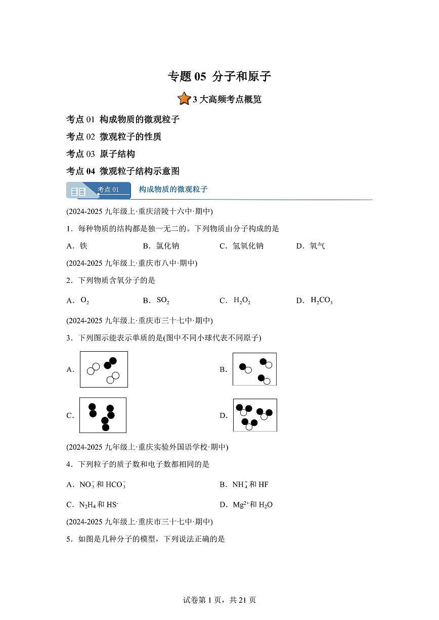 专题05分子和原子（期中真题 重庆专用）九年级化学上册（含答案）第1页