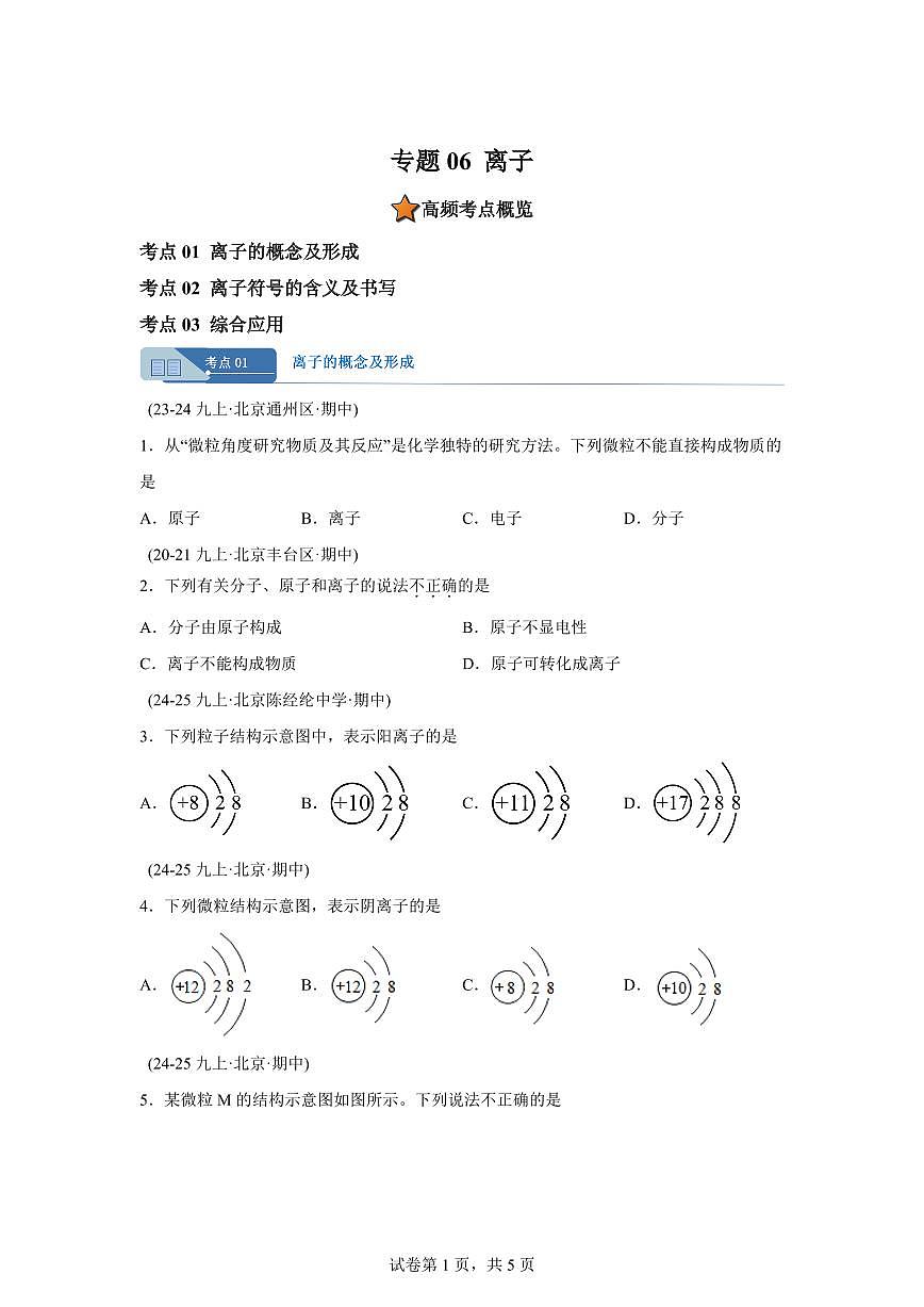 专题06离子（期中真题 北京专用）九年级化学上册（含答案）第1页