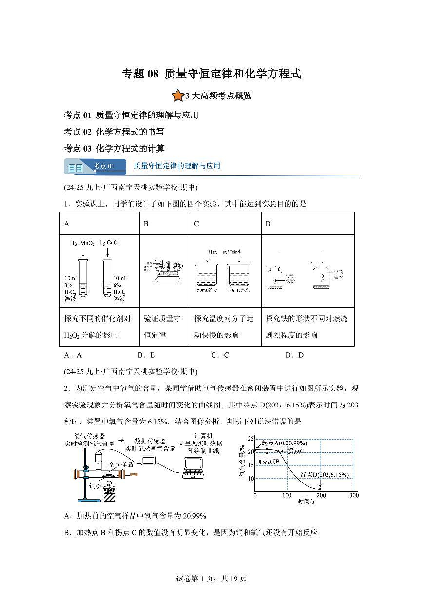 专题08质量守恒定律和化学方程式（期中真题）九年级化学上册人教版（含答案）第1页