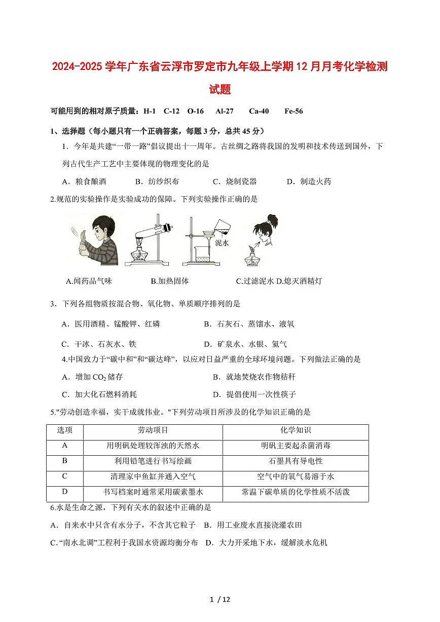 2024_2025学年广东省云浮市罗定市九年级（上）12月月考化学试卷 [附答案]第1页