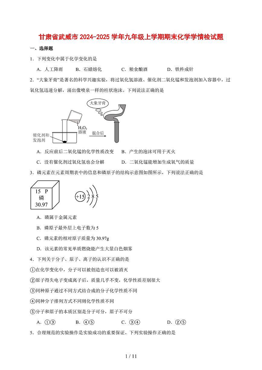 甘肃省武威市2024_2025学年九年级（上）期末化学学情检试卷 [附答案]第1页