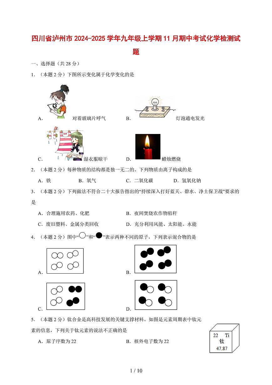 四川省泸州市2024_2025学年九年级（上）11月期中考试化学试卷 [附答案]第1页