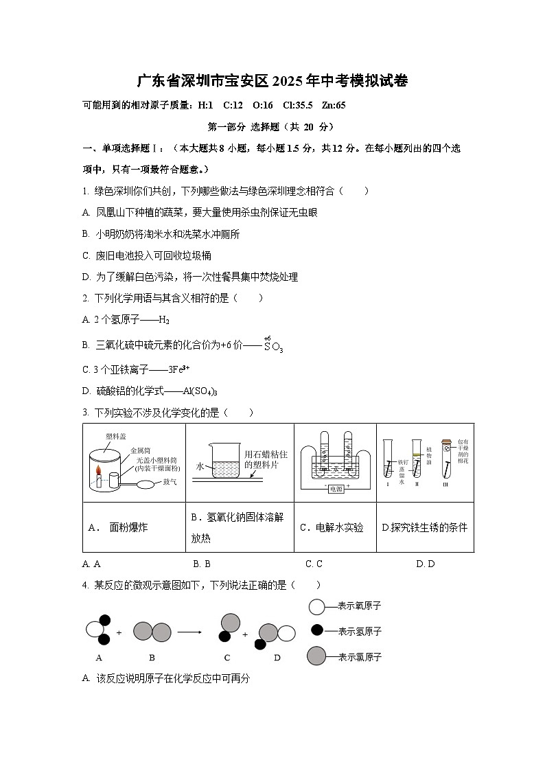广东省深圳市宝安区2025年中考模拟化学试题（学生版）第1页