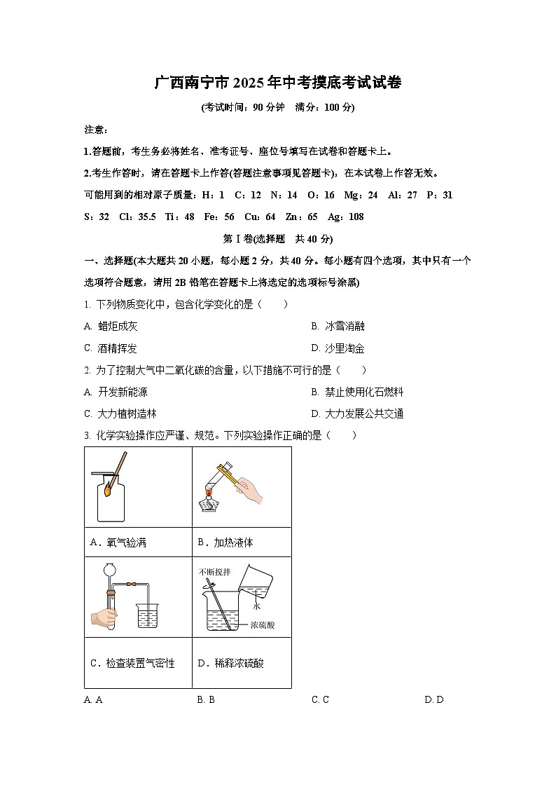 广西南宁市2025年中考摸底考试化学试题（学生版）第1页