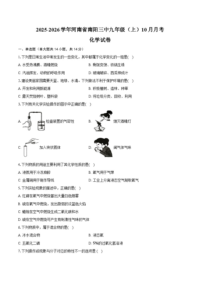 2025-2026学年河南省南阳三中九年级（上）月考化学试卷（10月份）（含答案）第1页