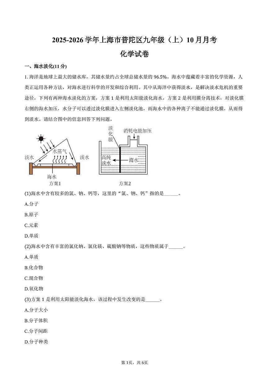 2025-2026学年上海市普陀区九年级（上）月考化学试卷（10月份）（含答案）第1页