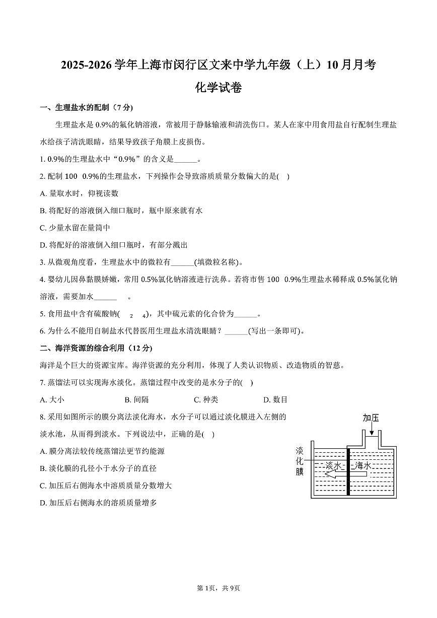 2025-2026学年上海市闵行区文来中学九年级（上）月考化学试卷（10月份）（含答案）第1页