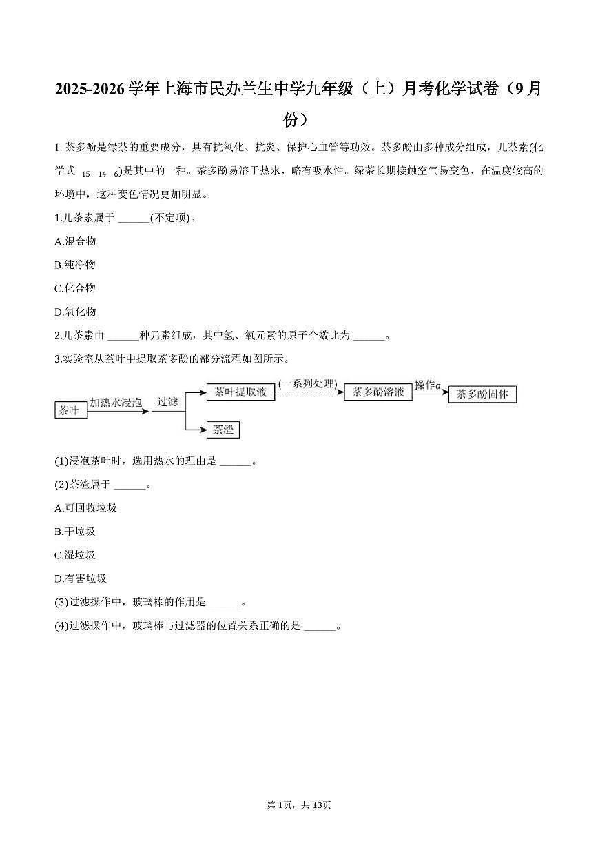 2025-2026学年上海市民办兰生中学九年级（上）月考化学试卷（9月份）（含答案）第1页