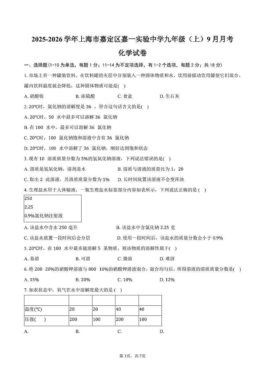 2025-2026学年上海市嘉定区嘉一实验中学九年级（上）月考化学试卷（9月份）（含答案）第1页