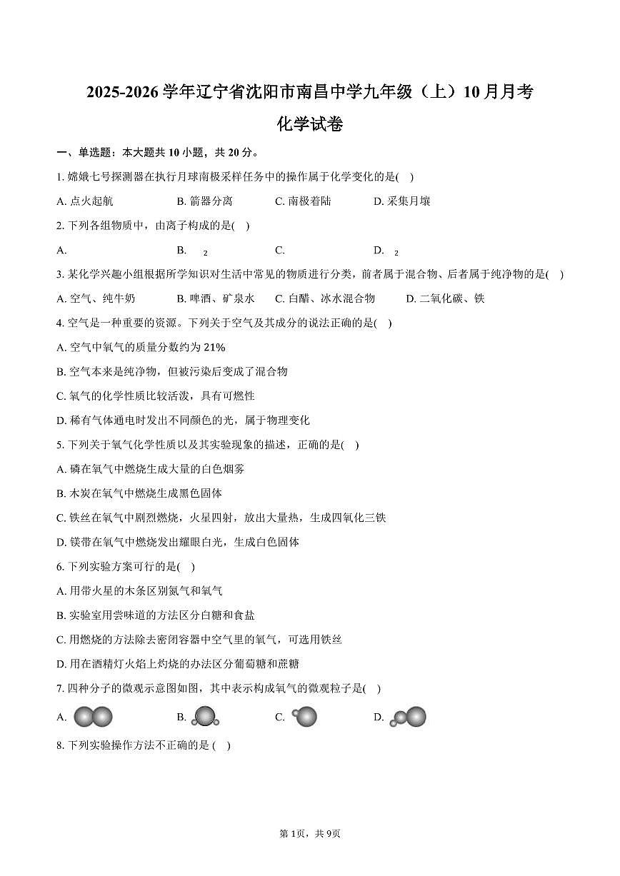 2025-2026学年辽宁省沈阳市南昌中学九年级（上）月考化学试卷（10月份）(含答案）第1页