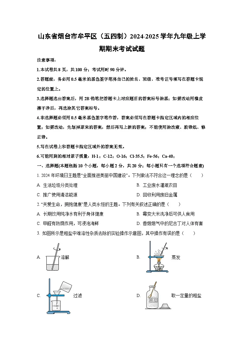 山东省烟台市牟平区（五四制）2024-2025学年九年级上学期期末考试化学试卷（学生版）第1页