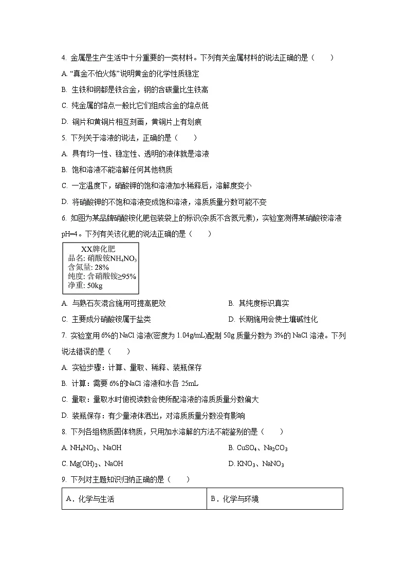 山东省烟台市牟平区（五四制）2024-2025学年九年级上学期期末考试化学试卷（学生版）第2页
