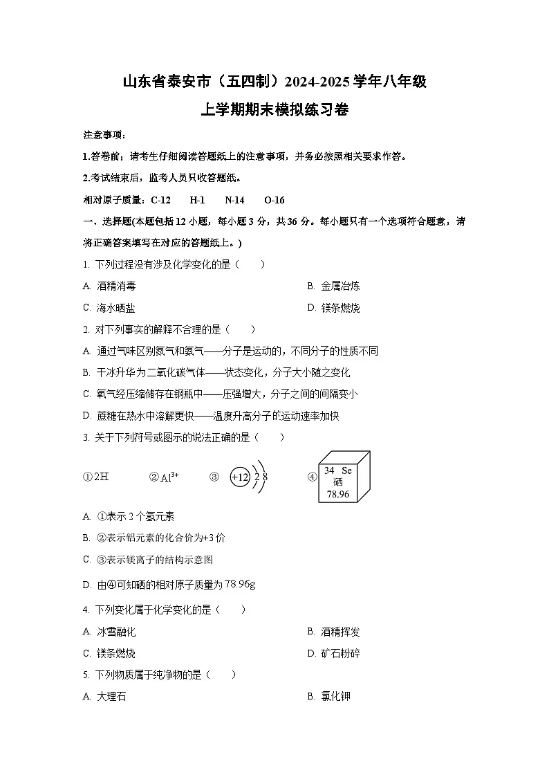山东省泰安市（五四制）2024-2025学年八年级上学期期末模拟练习卷化学试卷（学生版）第1页