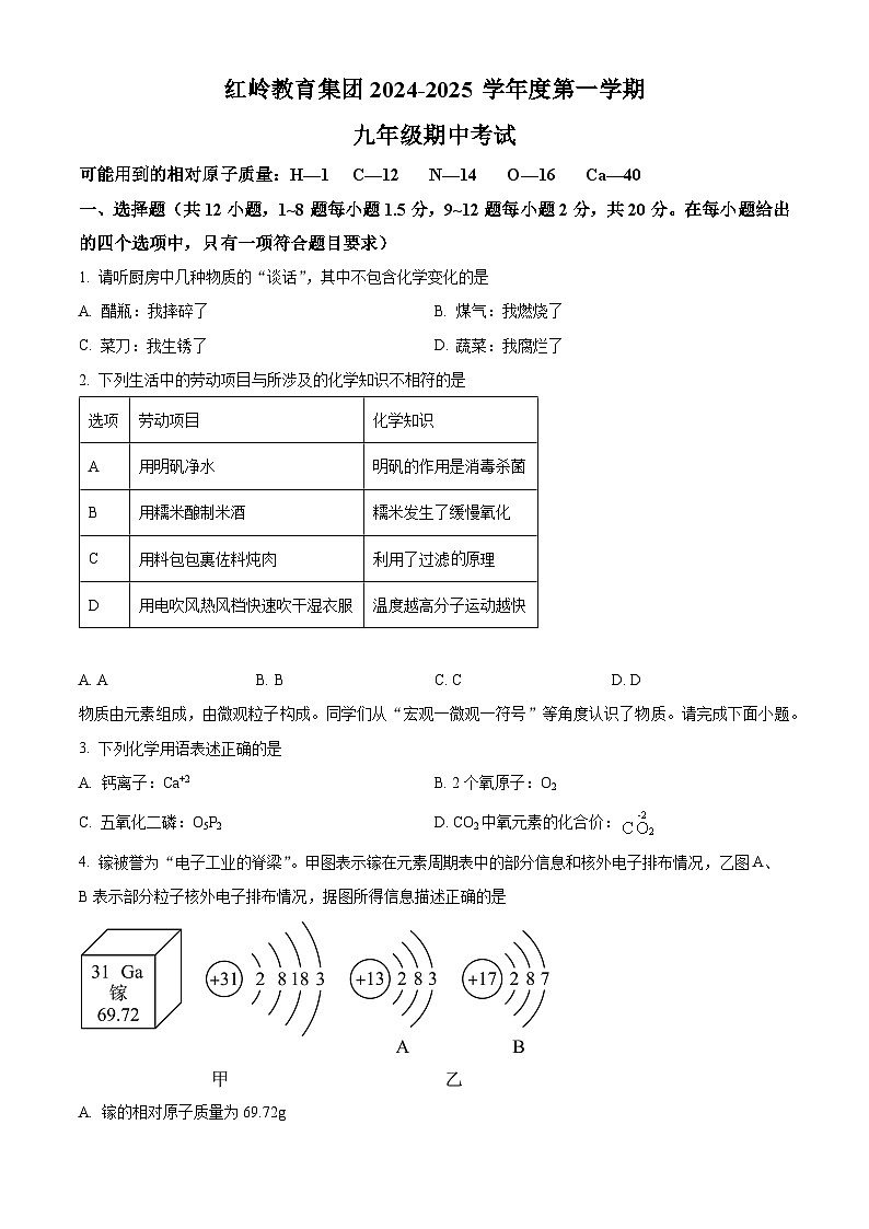 精品解析：广东省深圳市福田区红岭教育集团2024-2025学年九年级上学期期中考试化学试卷（原卷版）第1页