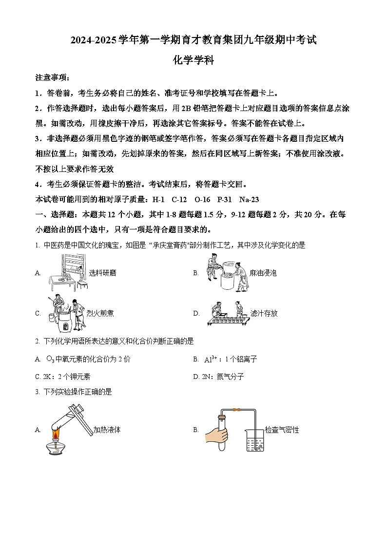 精品解析：广东省深圳市南山区育才集团2024-2025学年九年级上学期期中考试化学试卷（原卷版）第1页