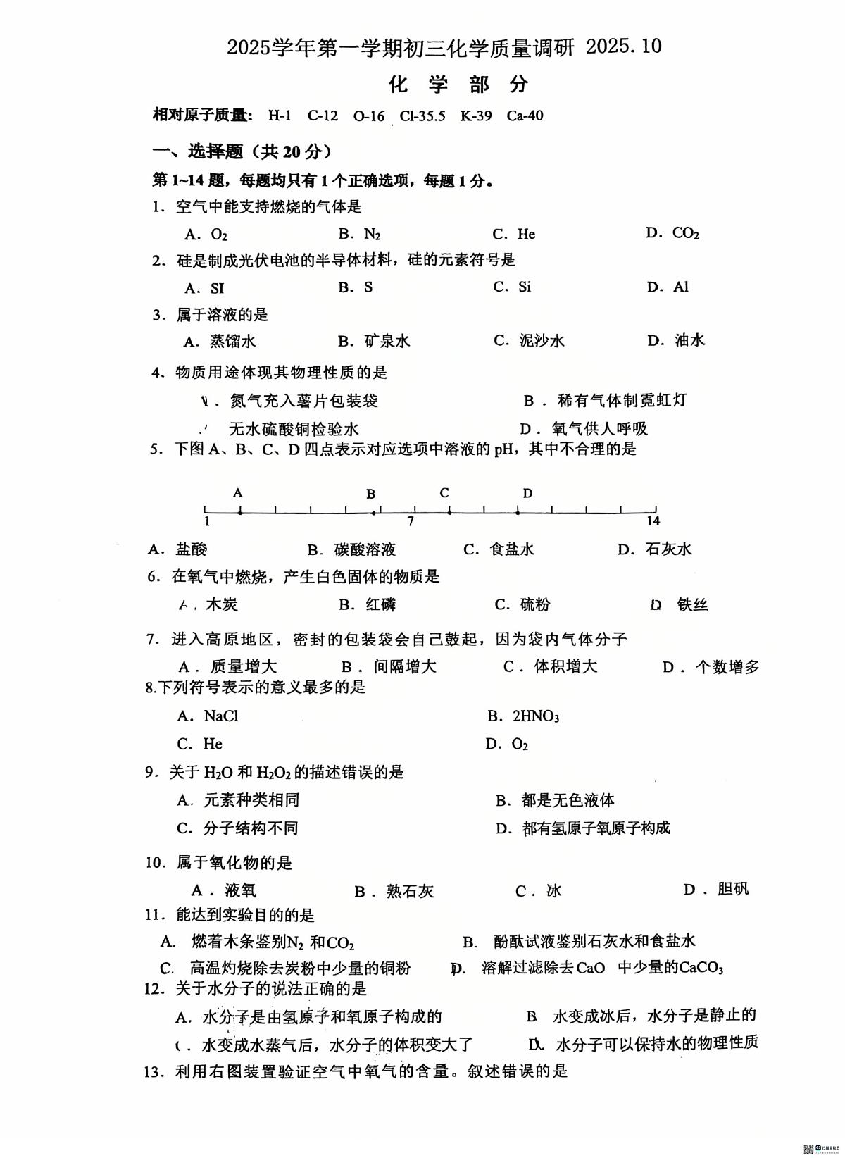 上海市杨浦双语学校2025-2026学年九年级上学期十月月考化学试卷第1页