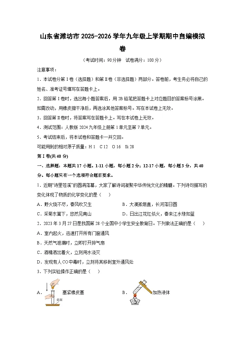 山东省潍坊市2025-2026学年九年级上学期期中自编模拟卷化学试卷（学生版）第1页