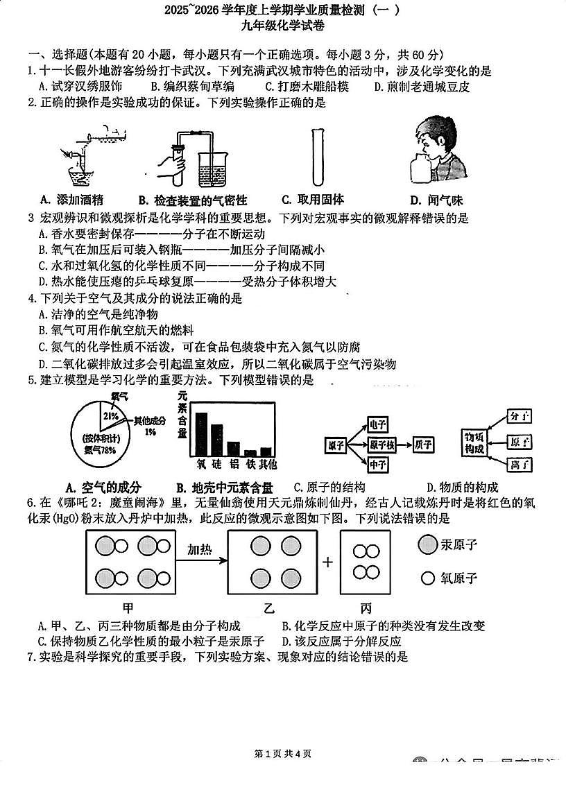 湖北省武汉市东西湖区2025-2026学年九年级上学期10月考化学试题第1页