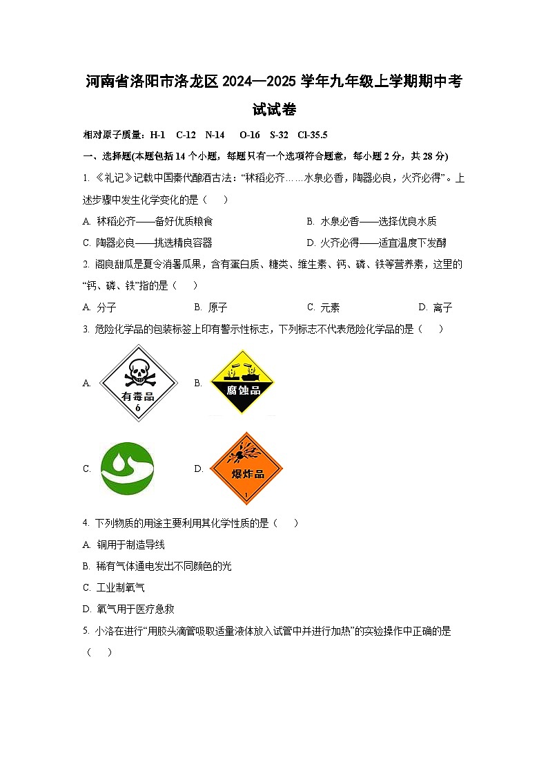 河南省洛阳市洛龙区2024--2025学年九年级上学期期中考试化学试卷（学生版）第1页