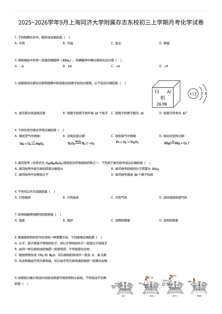 2025~2026学年9月上海同济大学附属存志东校初三上学期月考化学试卷（有答案解析）第1页