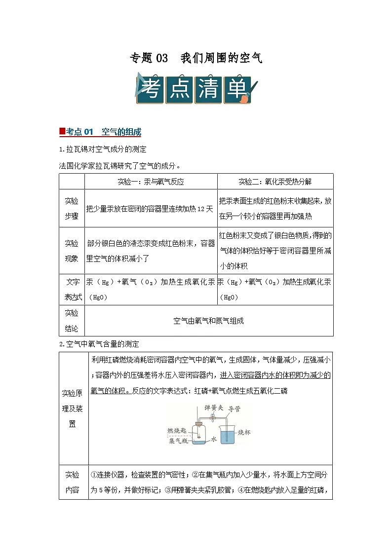 专题03 我们周围的空气（word）2025-2026学年九上化学人教版2024期中复习学案知识点+习题（原卷版）第1页