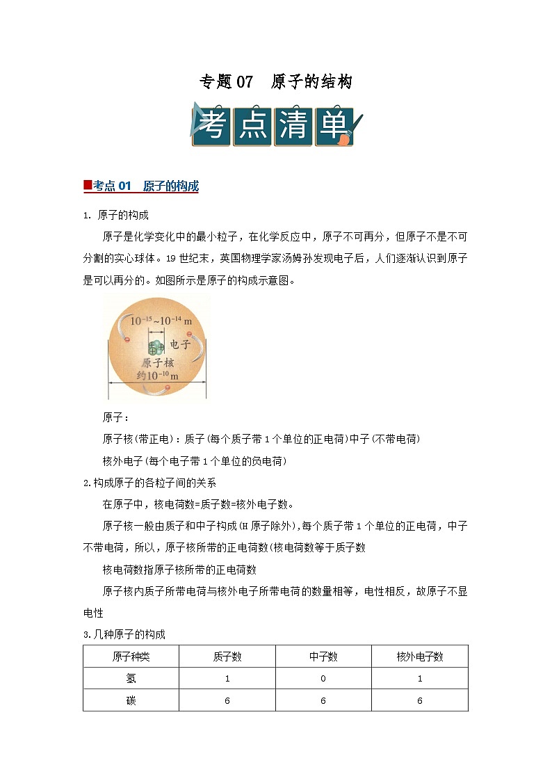 专题07 原子的结构（word）2025-2026学年九上化学人教版2024期中复习学案知识点+习题（原卷版 ） 第1页