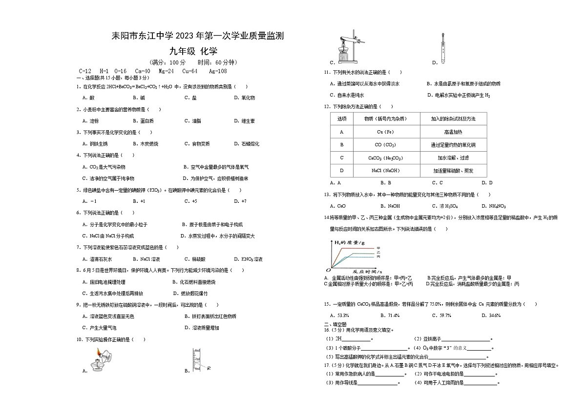 湖南省耒阳市东江中学2023-2024学年九年级上学期第一次月考化学试题第1页