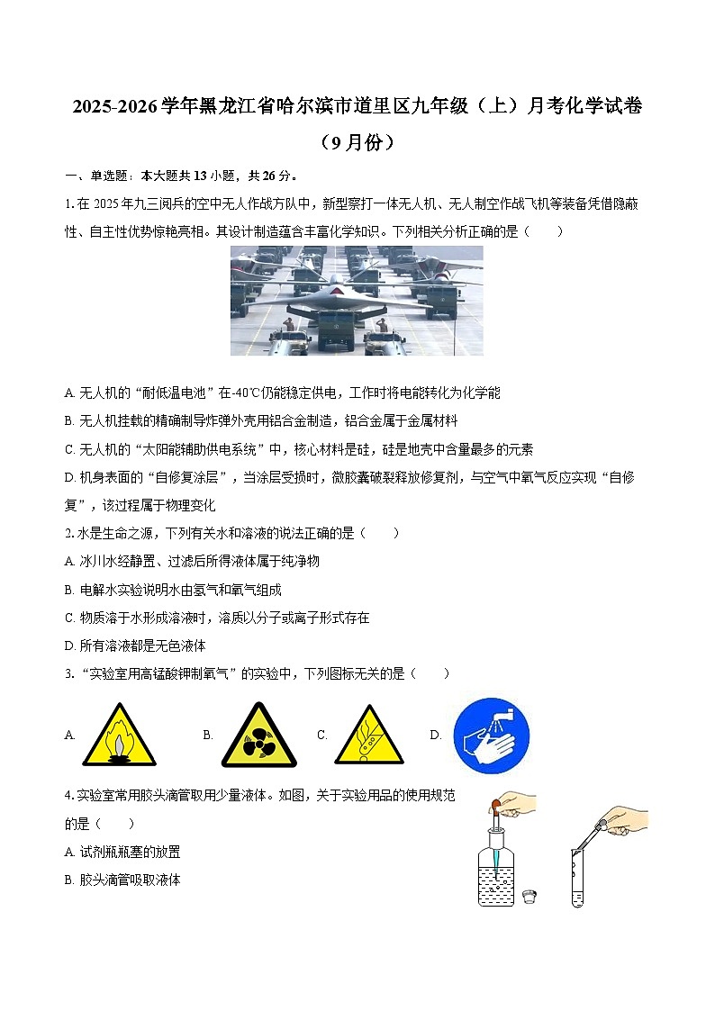2025-2026学年黑龙江省哈尔滨市道里区九年级（上）月考化学试卷（9月份）-自定义类型第1页