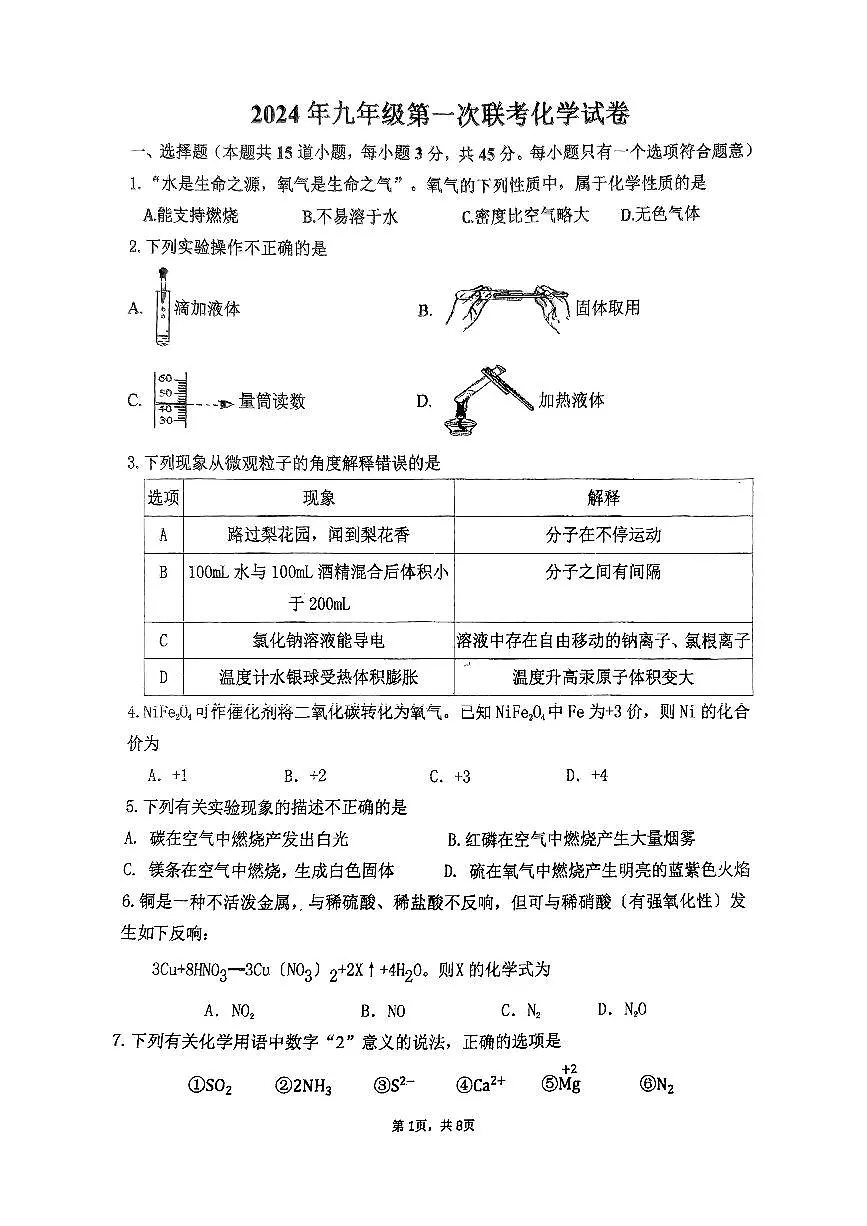 扫描件_2024年九年级第一次联考化学试卷第1页