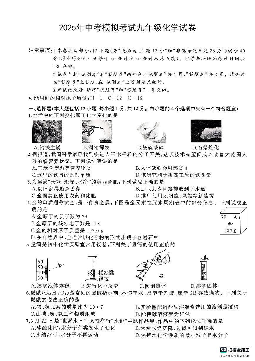 安徽省宿州市泗县联考2024-2025学年九年级下学期4月月考化学试题第1页