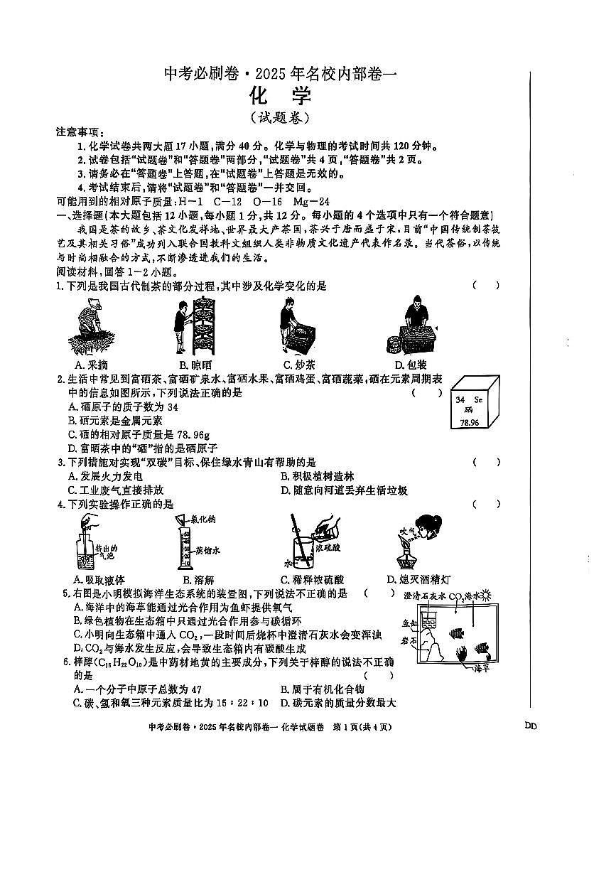 2025年安徽中考模拟必刷卷（名校内部卷）化学试卷第1页