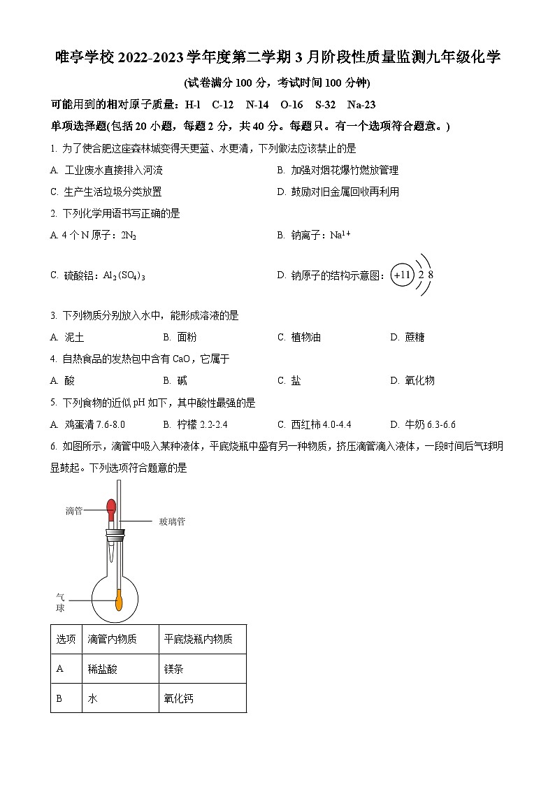 精品解析：江苏省苏州工业园区唯亭学校2022-2023学年九年级下学期3月月考化学试题（原卷版）第1页