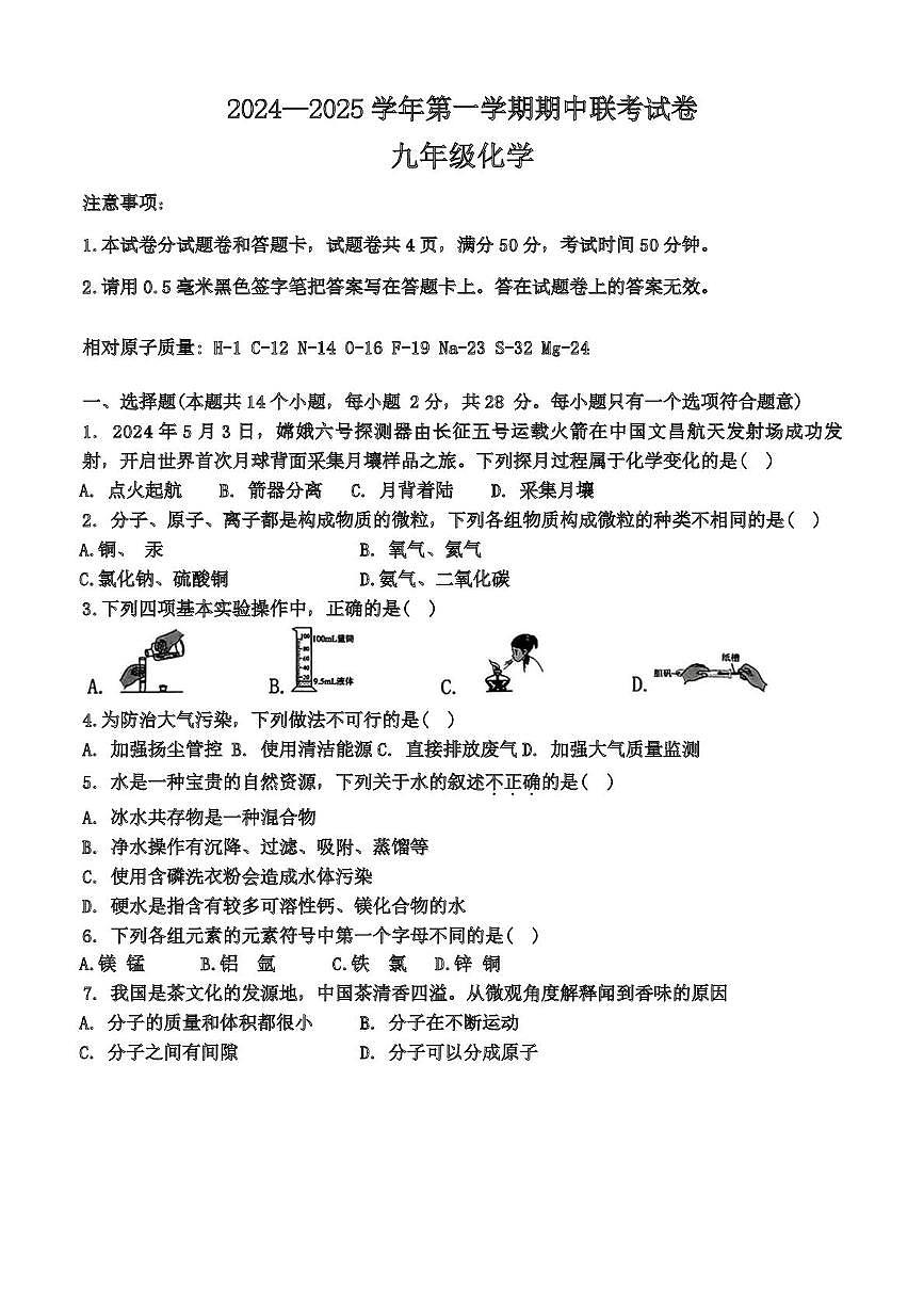 河南省安阳市第十中学2024-2025学年九年级上学期期中考试化学试卷第1页