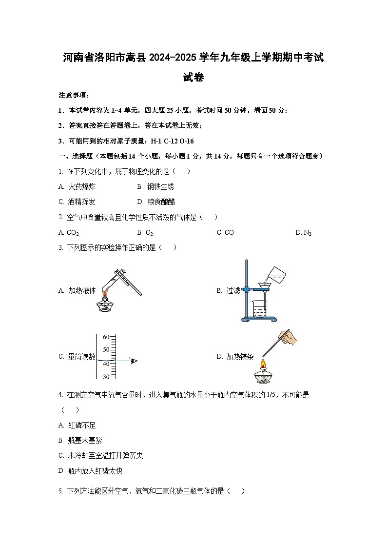2024~2025学年河南省洛阳市嵩县九年级（上）期中考试化学试题（学生版）第1页