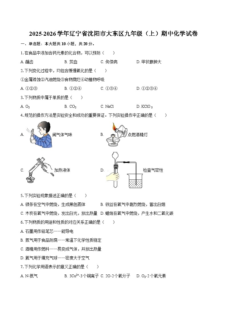 2025-2026学年辽宁省沈阳市大东区九年级（上）期中化学试卷-自定义类型第1页