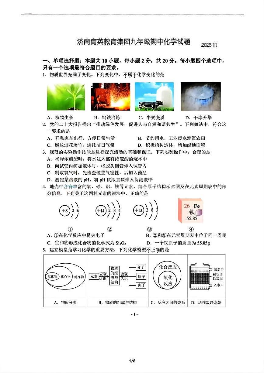 山东省济南市育英教育集团2025-2026学年九年级上学期期中考试化学试题第1页