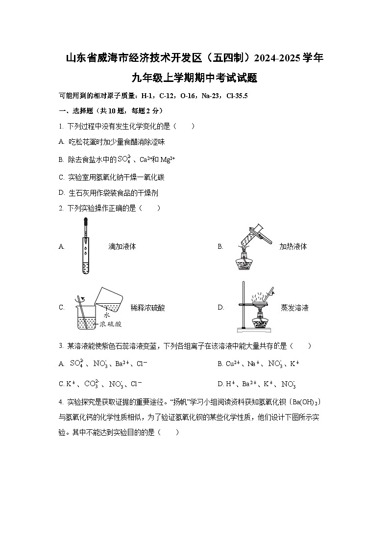 2024~2025学年山东省威海市经济技术开发区（五四制）九年级（上）期中考试化学试题（学生版）第1页