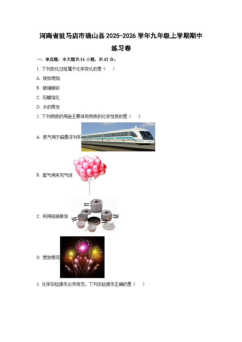 2025~2026学年河南省驻马店市确山县九年级（上）期中练习卷化学试题（学生版）第1页