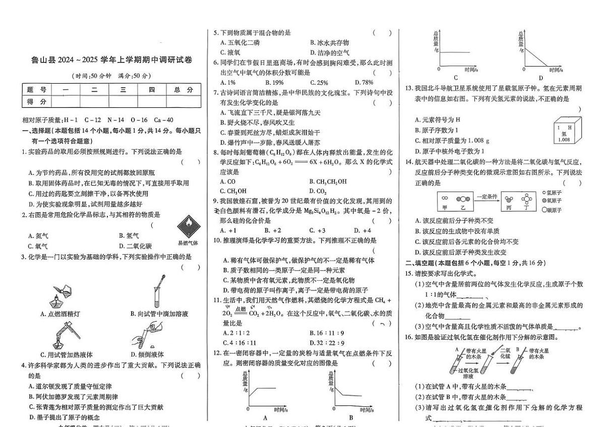 河南省鲁山县2024-2025学年九年级上学期期中考试化学试卷第1页
