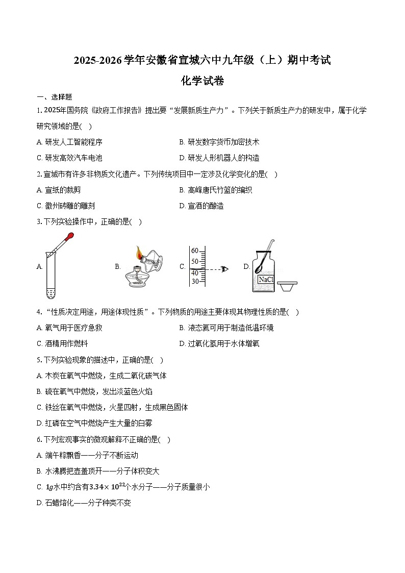 2025-2026学年安徽省宣城六中九年级（上）期中化学试卷（含答案）第1页