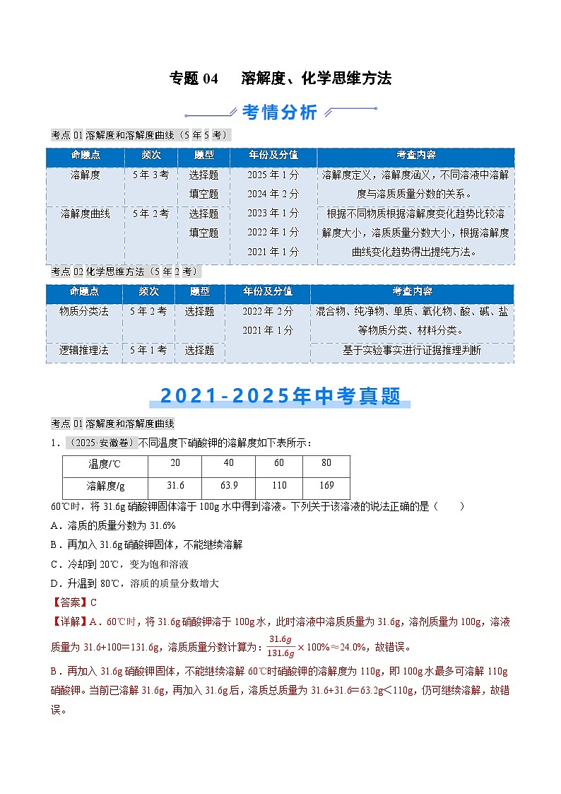 专题04 溶解度、化学思维方法（解析版）第1页