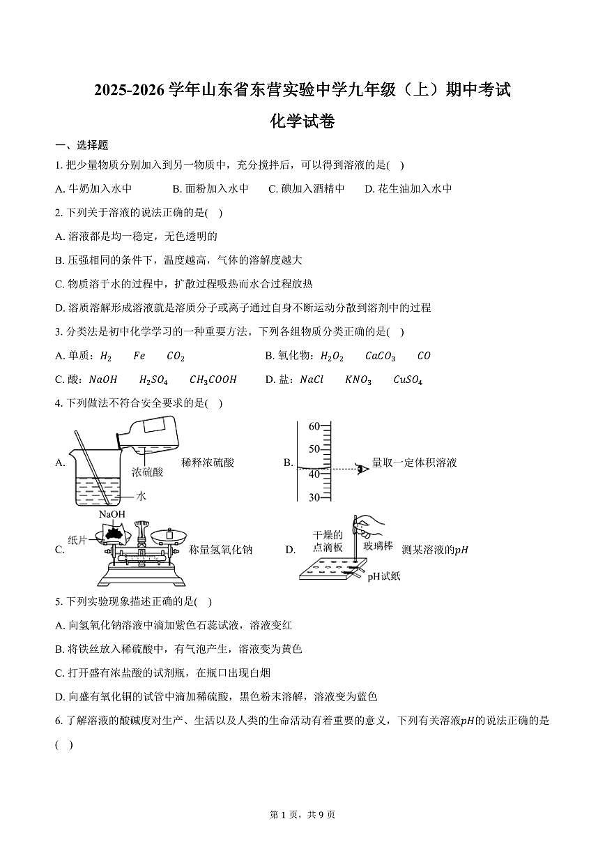 2025-2026学年山东省东营实验中学九年级（上）期中化学试卷（含答案）第1页