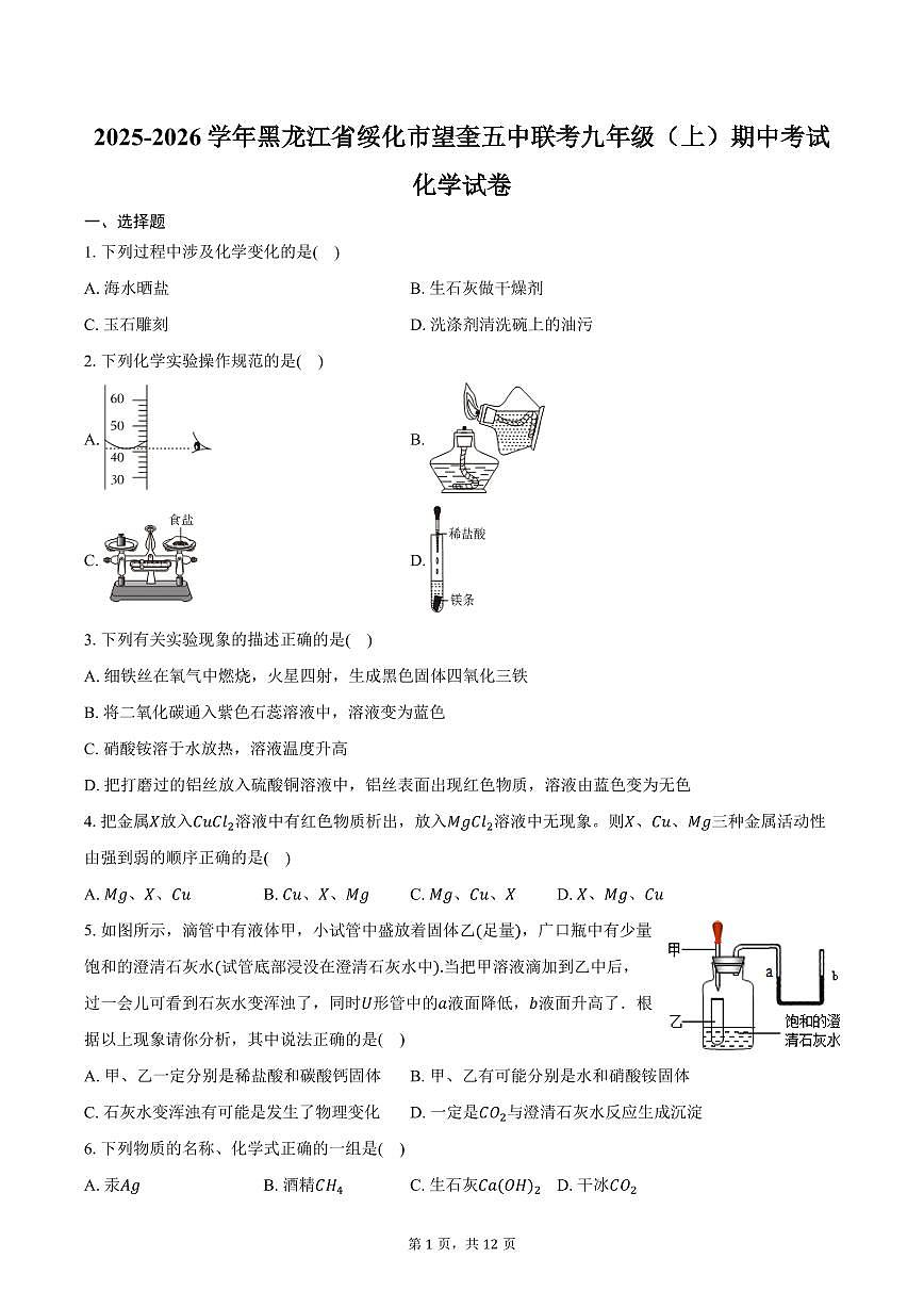 2025-2026学年黑龙江省绥化市望奎五中联考九年级（上）期中化学试卷（含答案）第1页