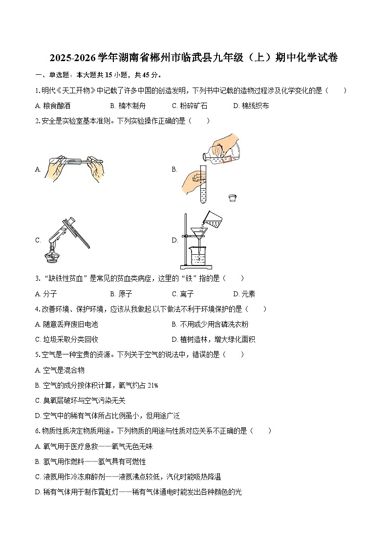 2025-2026学年湖南省郴州市临武县九年级（上）期中化学试卷-自定义类型第1页