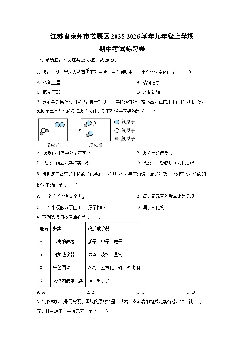 江苏省泰州市姜堰区2025-2026学年九年级上学期期中考试练习卷化学试卷（学生版）第1页