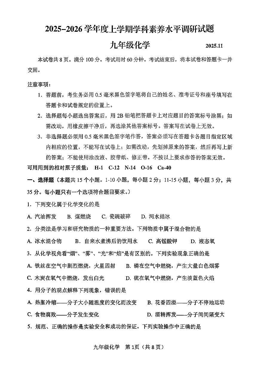 山东省临沂市罗庄区2025-2026学年九年级上学期11月期中考试化学试题第1页