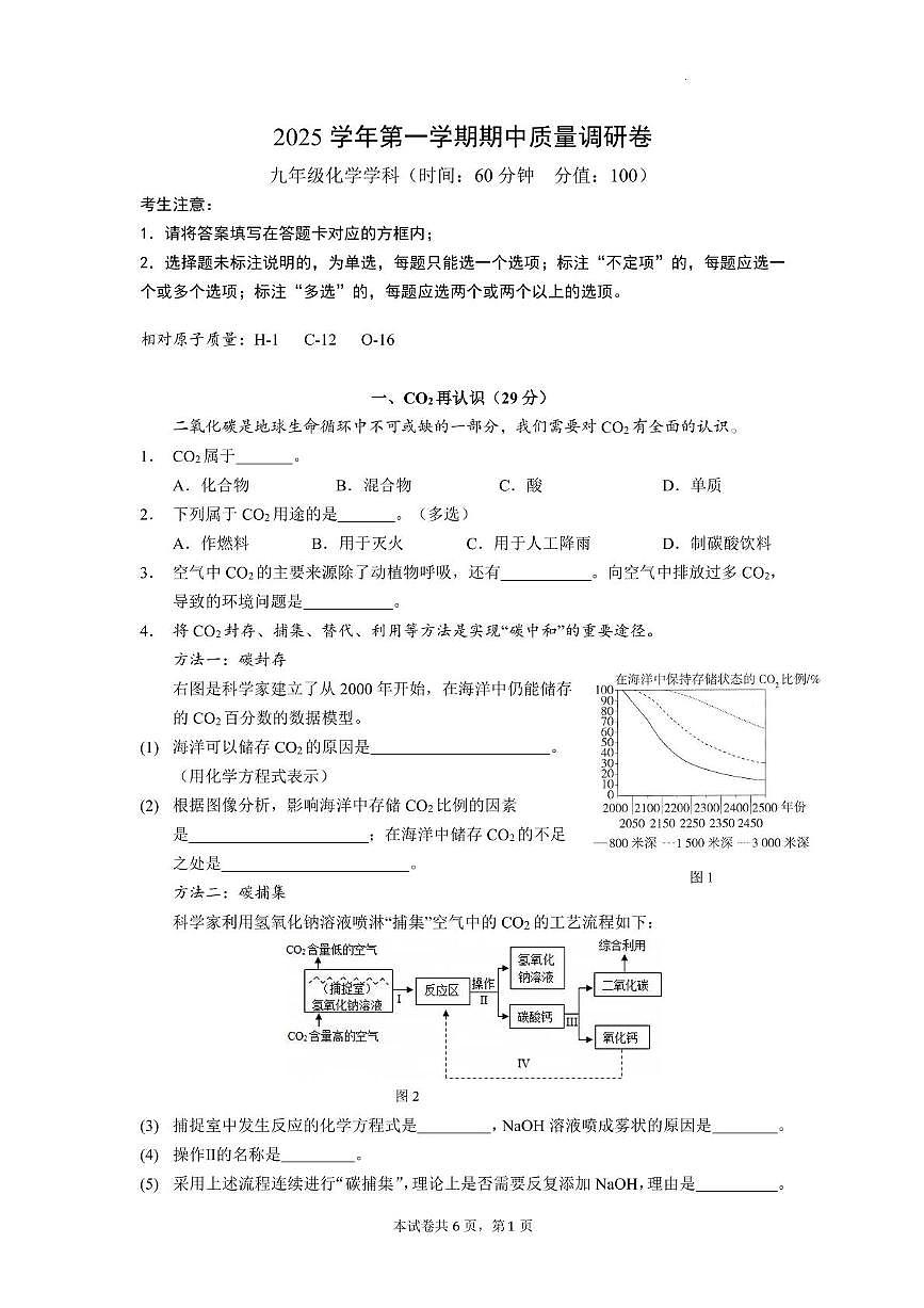 上海市杨浦区2025-2026学年九年级上学期期中考试化学试卷第1页