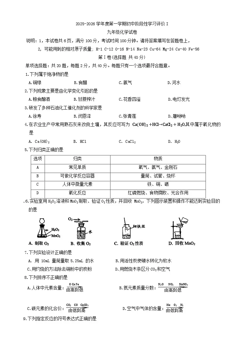 江苏省扬中市2025-2026学年九年级上学期期中考试化学试卷（无答案）第1页