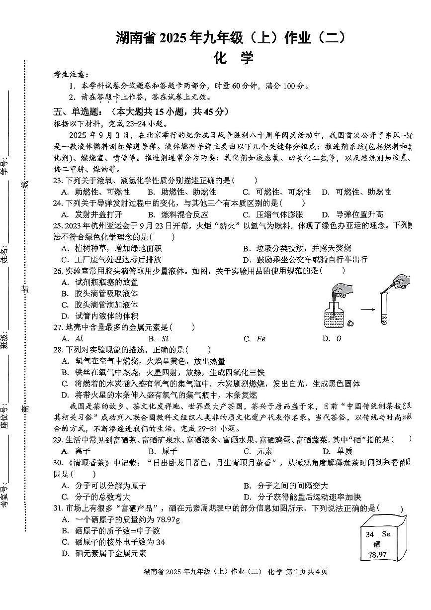 湖南省娄底市双峰区2025-2026学年九年级上学期期中考试化学试题第1页
