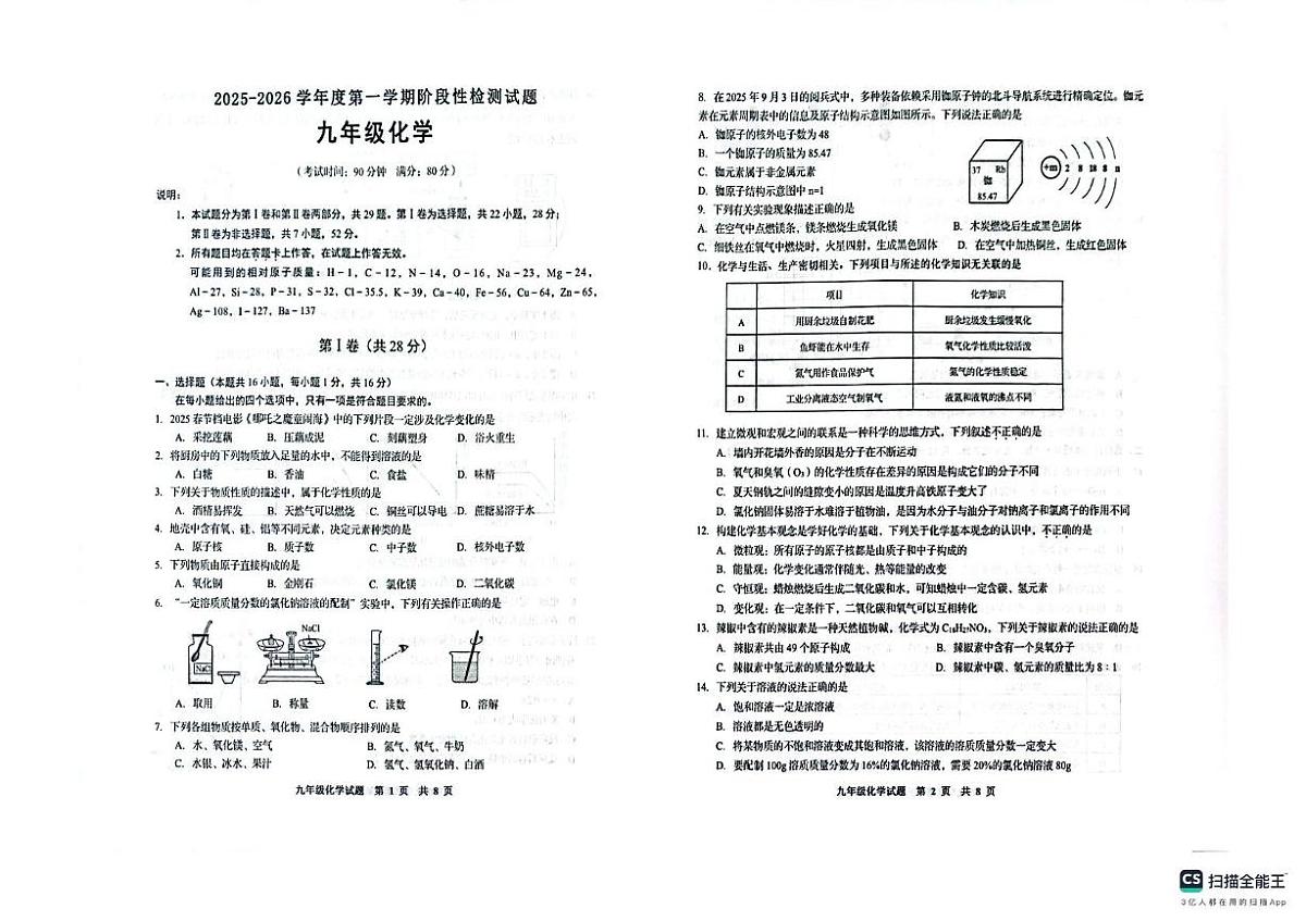山东省青岛市城阳区2025-2026学年九年级上学期11月期中考试化学试题第1页